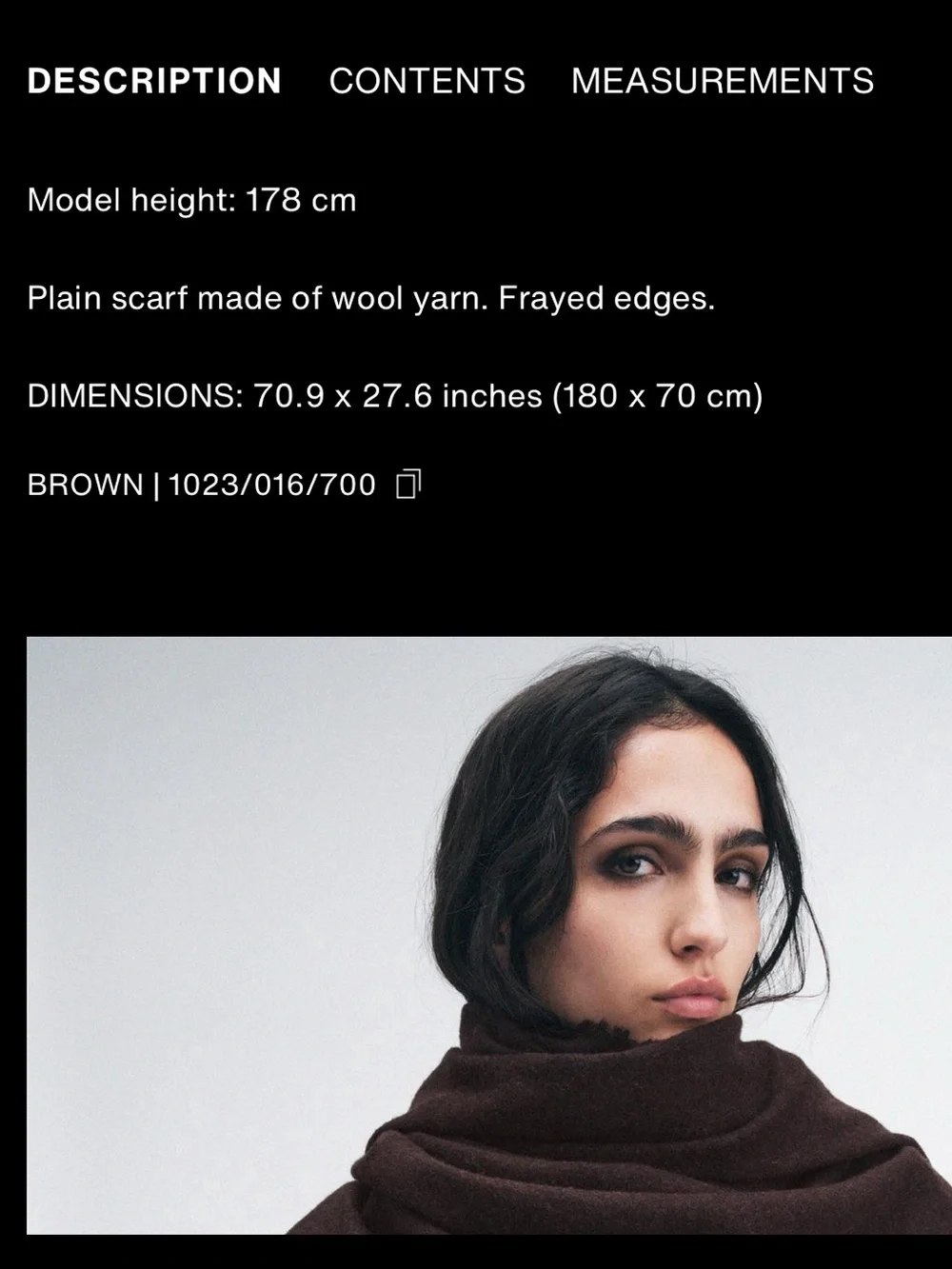 Zara plain wool scarf with frayed hem, 180 x 70 cm, brown